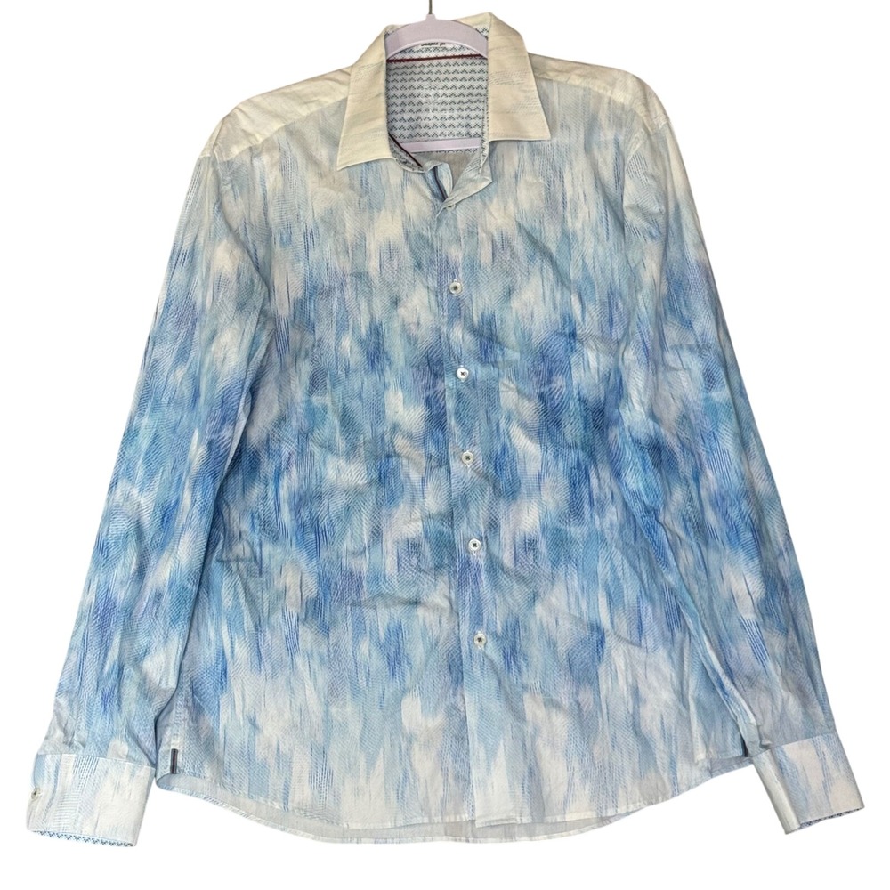 Bugatchi Uomo Mens Blue White Abstract Ikat Print Cotton Button Down Shirt L